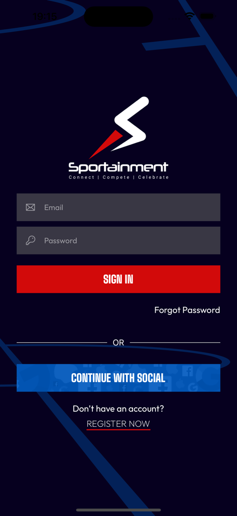 Sportainment - Sportainment app login screen featuring email sign in and social authentication options
