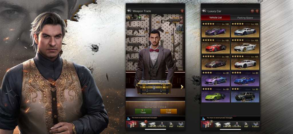 Capturas de pantalla del juego The Grand Mafia mostrando la interfaz de comercio de armas y una colección de coches deportivos de lujo