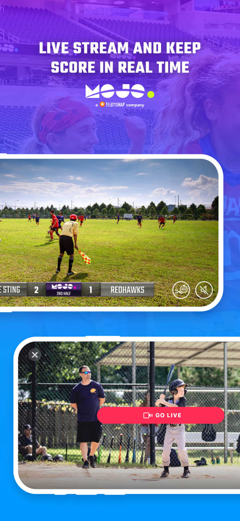 MOJO Sports - Écran de l'application MOJO Sports montrant le streaming en direct et le suivi des scores en temps réel pour les matchs de soccer et de baseball jeunesse.