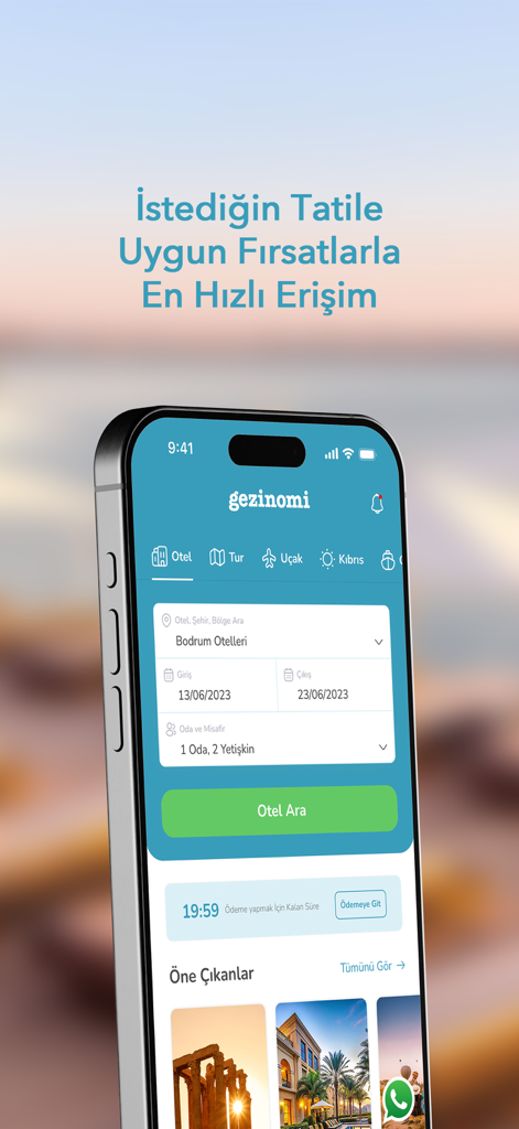 Gezinomi - Pantalla de la aplicación móvil Gezinomi para buscar hoteles en Turquía