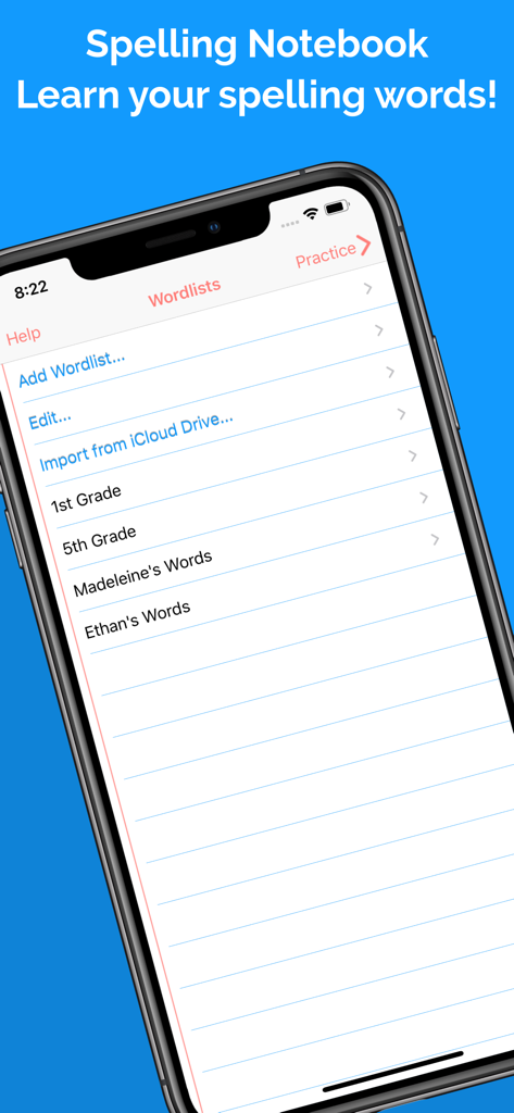 Spelling Notebook: Learn, Test - Main menu of the Spelling Notebook app showing custom word lists for different students on a digital notebook interface