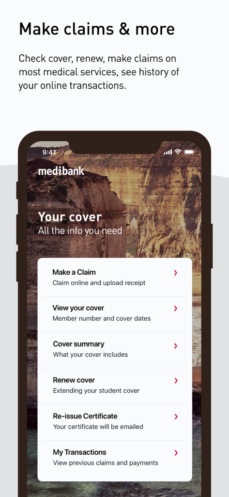 Medibank OSHC app interface showing options to make a claim, view cover details, renew cover, and access transaction history.