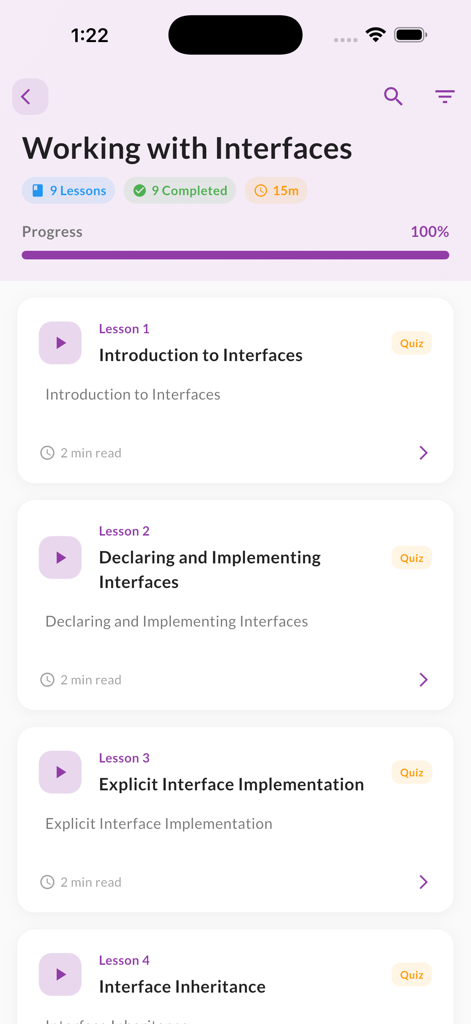 Un elenco di lezioni educative per imparare le interfacce C sharp in un'app di programmazione mobile