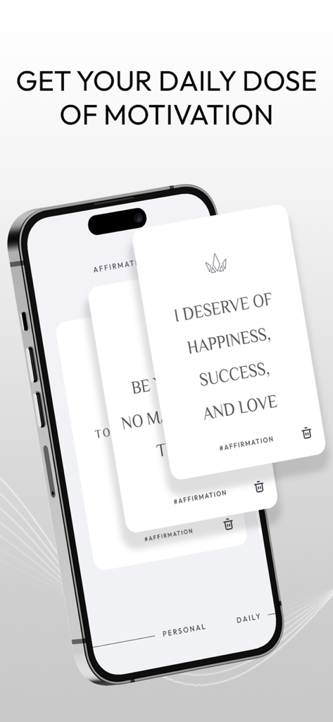 iPhone screen displaying minimalist daily affirmation cards for motivation and success