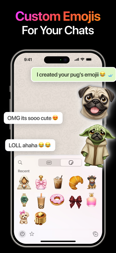 Una pantalla de smartphone que muestra emojis personalizados generados por IA en una interfaz de chat.