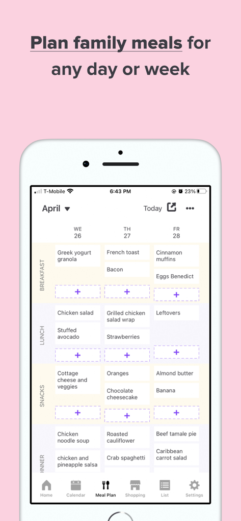 Family Daily: Family Organizer - Weekly meal planning calendar view in the Family Daily app showing breakfast lunch and dinner schedules