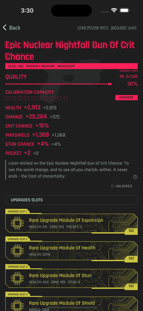 CyberCode Online: Text RPG - Weapon statistics and upgrade modules screen for an epic gun in the CyberCode Online text RPG app.
