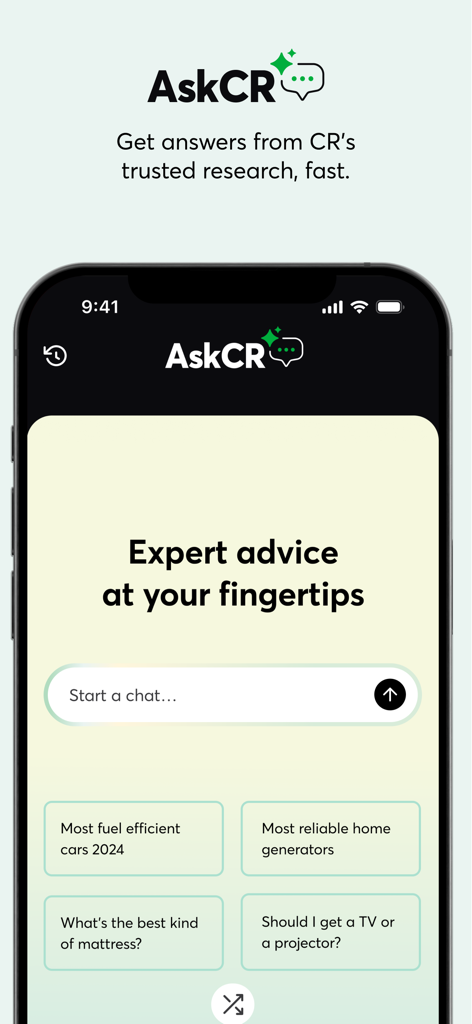Consumer Reports app AskCR AI feature showing an expert chat interface for product research