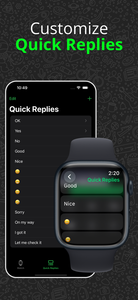 WatchTalk: Chat on Watch - Interfaz para personalizar respuestas rápidas de WhatsApp en iPhone y Apple Watch en la aplicación WatchTalk.
