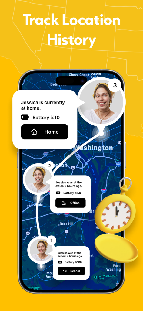 GPS - Phone Location Tracker - Eine Smartphone-Oberfläche, die den Standortverlauf und den Batteriestatus eines Benutzers an mehreren Standorten auf einer Karte anzeigt