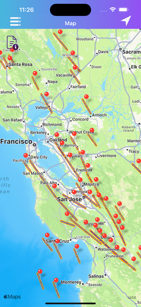 KML KMZ Viewer-Converter - Map view in KML KMZ Viewer-Converter showing red pins and path overlays across the San Francisco Bay Area