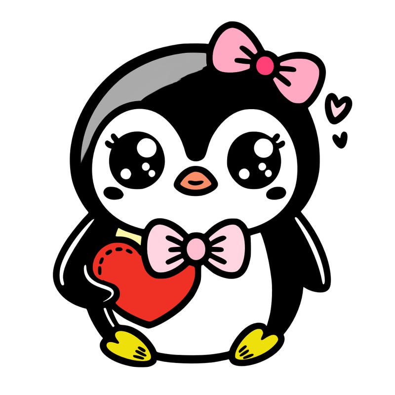 cute penguin with bow tie holding heart