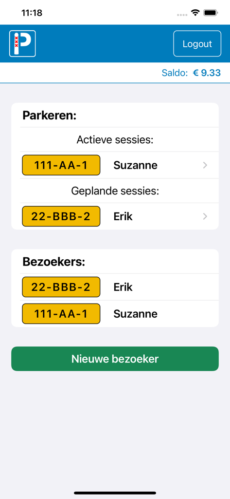 Parkeren Amsterdam App-Dashboard mit aktiven Parkvorgängen und Gästeliste