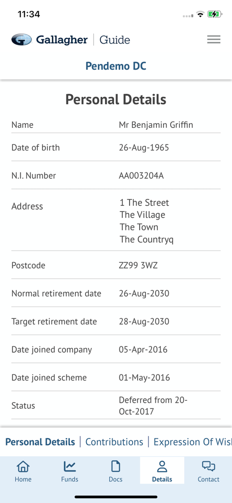 Gallagher Guide - Pensions - Gallagher Guide Pensions app personal details screen showing retirement dates and member information.