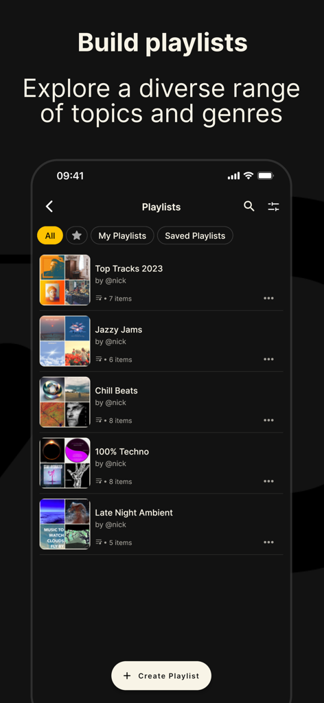 Fountain: Podcast Player - Interfaz de la aplicación Fountain mostrando la pantalla de listas de reproducción con varias colecciones de podcasts y música curadas.