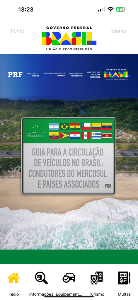 Mercosul App - Pantalla de inicio de Mercosul App con una guía para la circulación de vehículos en Brasil con banderas de países sudamericanos.