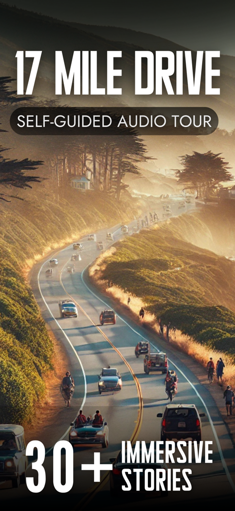Scenic winding road along 17 Mile Drive for a self guided audio tour app