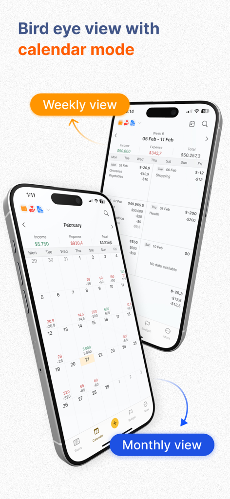 Interfaz de la aplicación Money Tracker que muestra las vistas de calendario semanales y mensuales para la gestión de gastos
