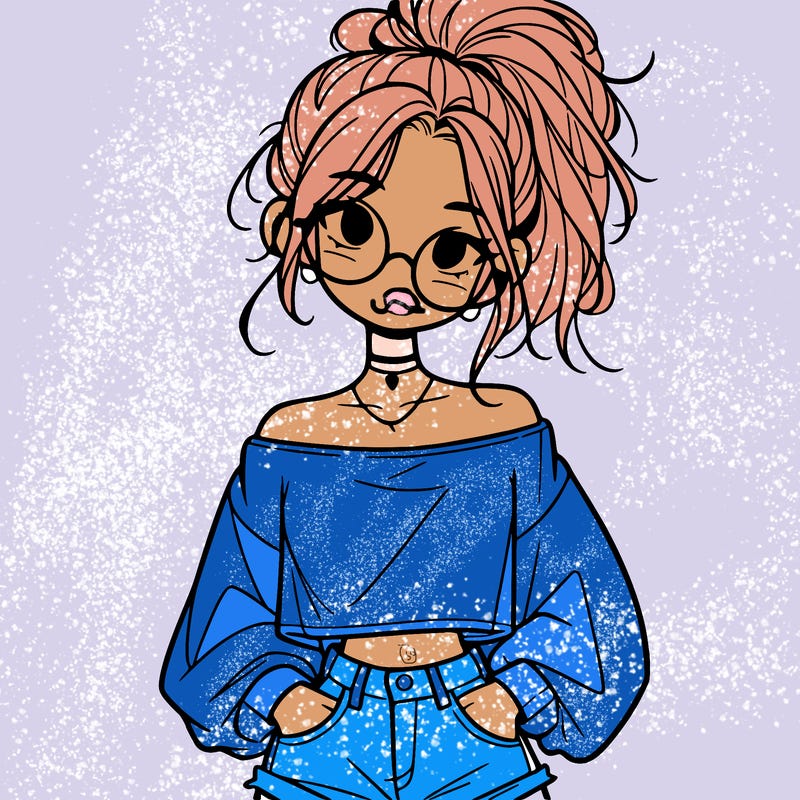 girl with a messy ponytail glasses a baggy crop top and jean shorts
