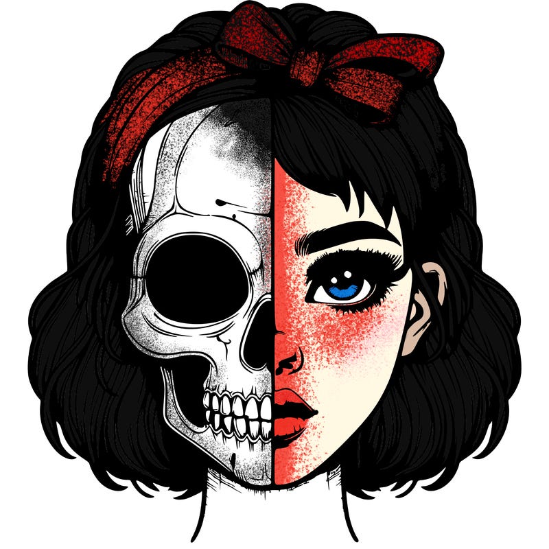 realistic girl with half skull mask