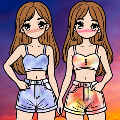 two sisters with crop tops and jean shorts and straight hair