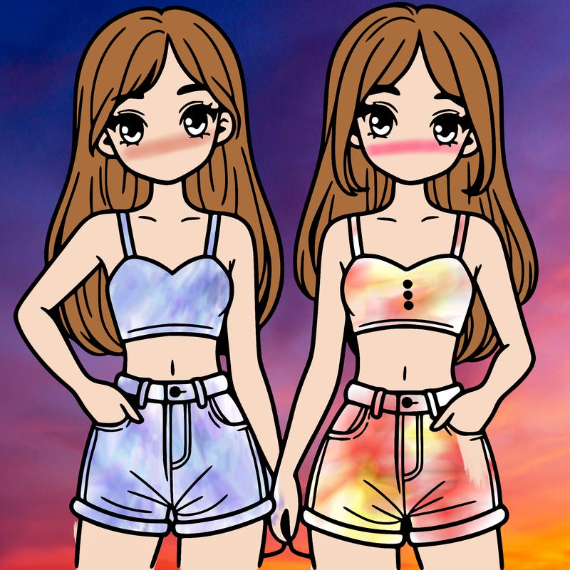 two sisters with crop tops and jean shorts and straight hair