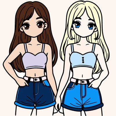 two sisters with crop tops and jean shorts and straight hair
