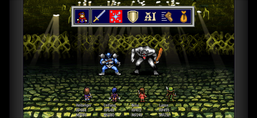 Vay - A turn-based battle scene in the RPG Vay showing four heroes facing two monsters in a cave.