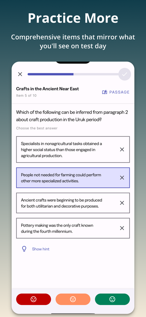Official TOEFL Practice app screen displaying a multiple-choice reading comprehension item.