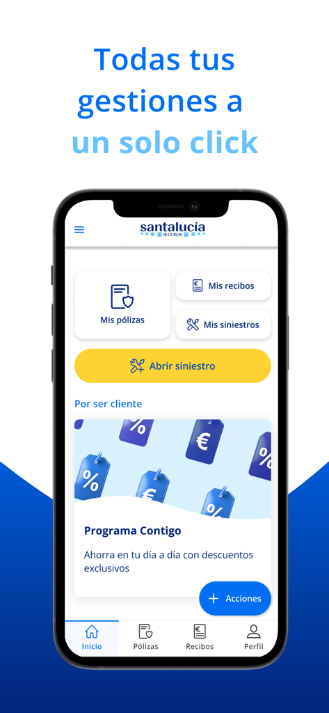 Dashboard principal do aplicativo Santalucia Seguros mostrando seções para apólices de seguro, recibos e gerenciamento de sinistros.