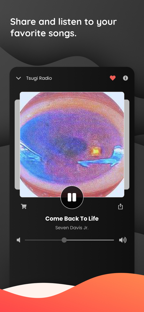 Mobile screen of the Welove.radio app displaying a music player with options to share and favorite tracks