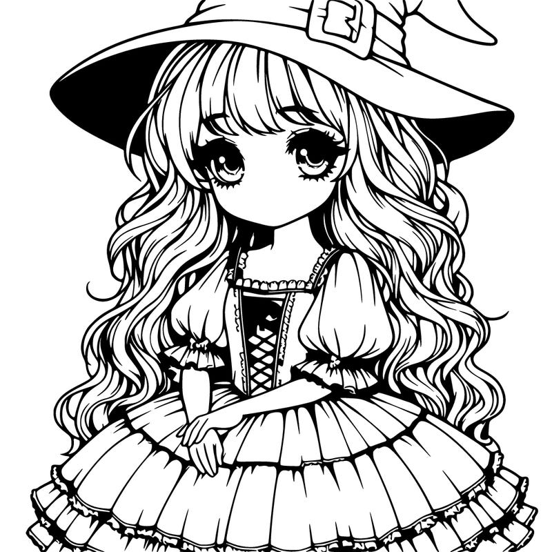 realistic girl with witch hat and poofy dress