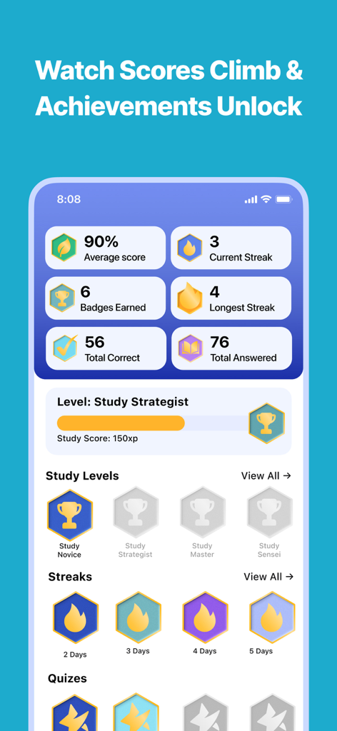 A study progress dashboard in the Esthetician and Cosmetology app showing average scores, study streaks, and unlocked achievement badges.