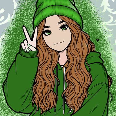 a teenage girl in a beanie, oversized sweatshirt, wavy long hair, and is showing a ✌️
