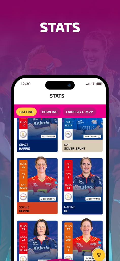 Women's Premier League (WPL) - Interfaz de la aplicación Women's Premier League que muestra estadísticas de bateo y tarjetas de rendimiento para jugadores de críquet profesionales.