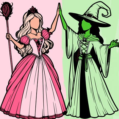 detailed realistic split of a princess and a witch