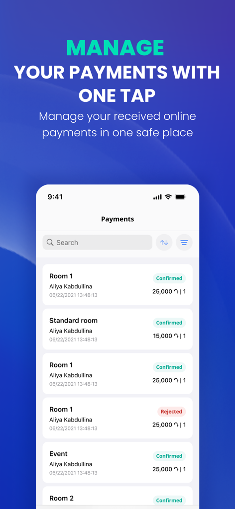 PayLink.am - PayLink app mobile screen showing a list of received business payments with confirmed and rejected statuses