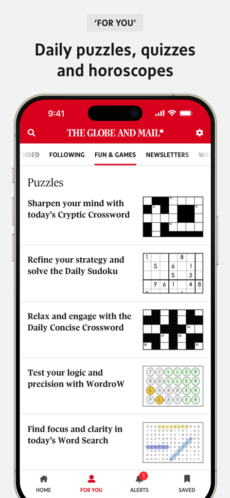 The Globe and Mail - The Globe and Mailアプリのインターフェイス。「あなたへ」セクションを表示。クロスワード、数独、ワードサーチなど、毎日のパズルが含まれています。