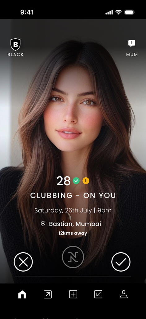 Perfil de usuário verificado no aplicativo de clube social exclusivo NO NAMES mostrando um plano social para balada