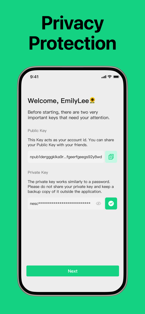 Mosavi app interface showing public and private key registration for decentralized privacy protection