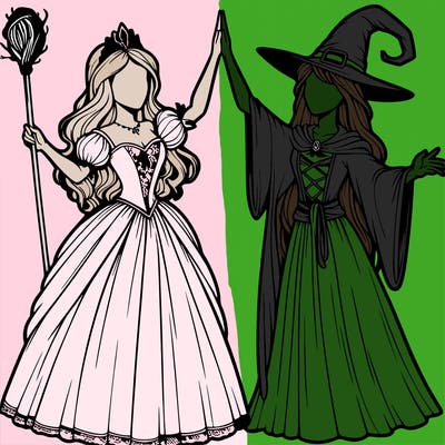 detailed realistic split of a princess and a witch