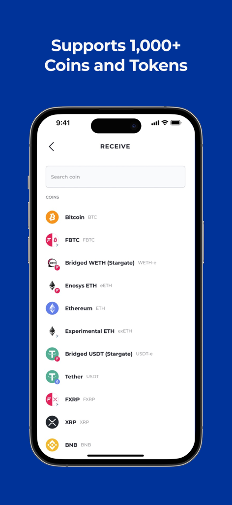 Smartphone screen displaying the Bifrost Wallet app showing various supported coins like Bitcoin Ethereum and XRP