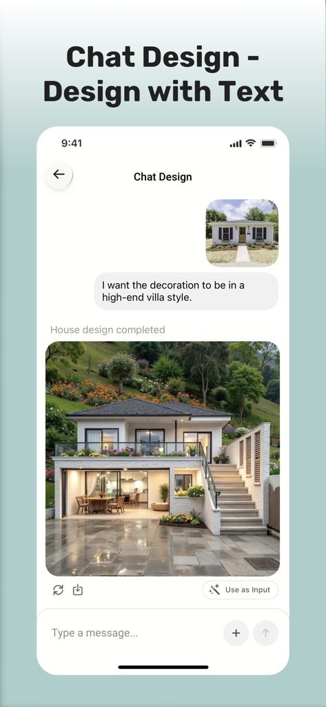 AI Home Designer - Interivo - A screenshot of the Interivo app showing a chat interface where a user asks for a high end villa style decoration and the AI generates a modern architectural home design.