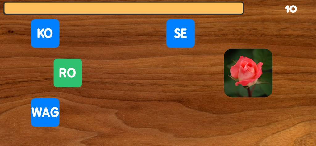 Schreiben mit Silben - Captura de tela da jogabilidade do aplicativo educativo alemão Schreiben mit Silben mostrando um quebra-cabeça de palavras para 'rosa'