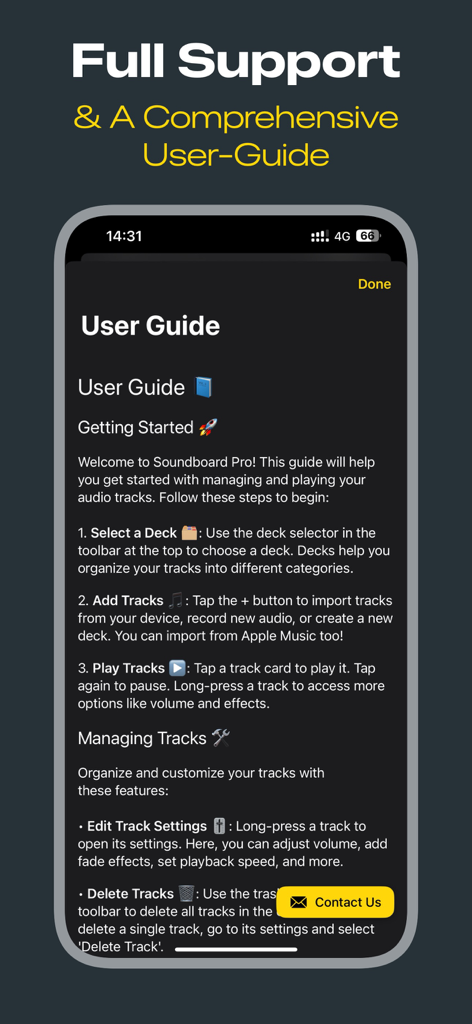 Soundboard Pro - Guía del usuario de la aplicación Soundboard Pro con instrucciones para la gestión de pistas.