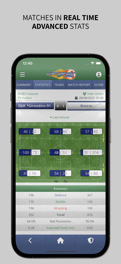 Virtuafoot Football Manager - Real time football match statistics and tactical field overview in Virtuafoot Football Manager