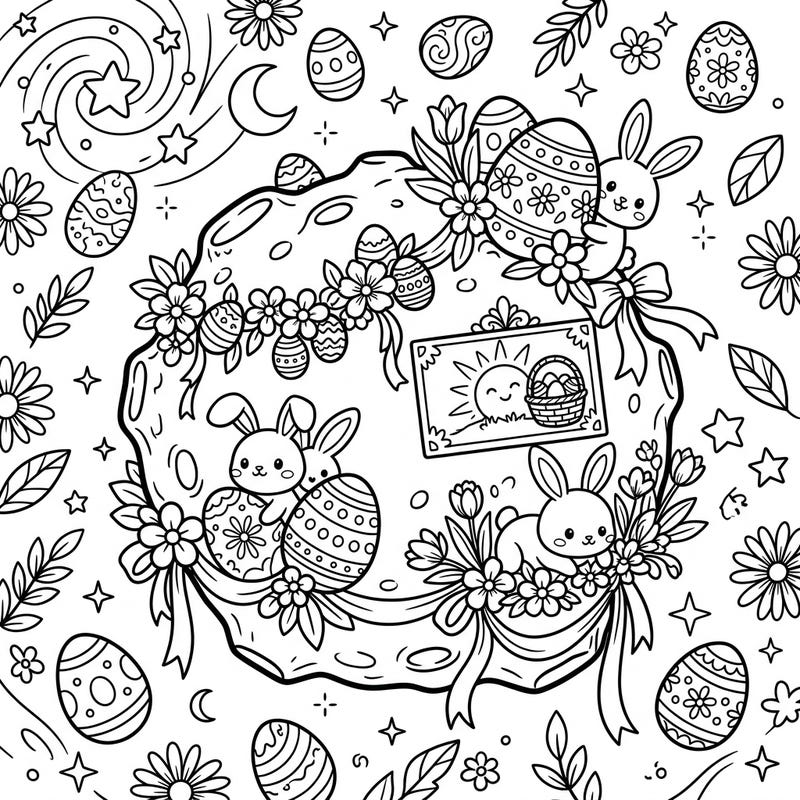 Explore a whimsical blend of space and spring with this unique Hygiea Asteroid Easter coloring page, featuring adorable bunnies and festive decorations. This delightful linear art design is perfect for teens and adults seeking a creative, relaxing coloring experience.
