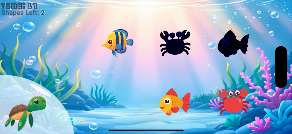 Match Sea Animals Kids Puzzle - Pantalla de juego de rompecabezas para niños donde los niños emparejan animales marinos coloridos con sus siluetas en un entorno submarino
