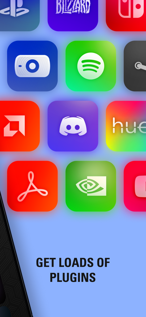 Ein Raster beliebter App- und Software-Plugin-Symbole für die Stream Deck Mobile Anwendung