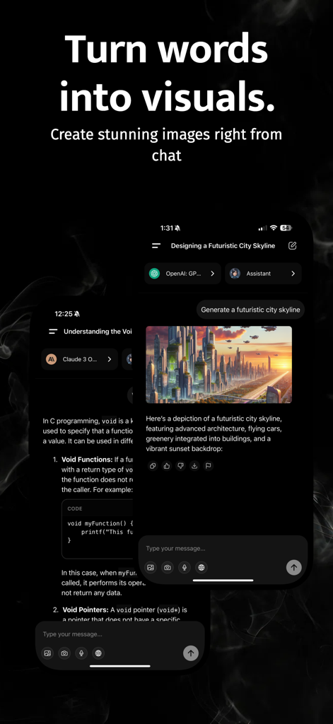 Nexal AI app screen showing text-to-image generation of a futuristic city skyline and coding assistance.